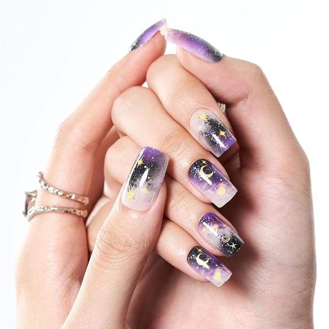 GLAMERMAID Deep Purple Ombre Press on Nails Medium Square, Gothic Moon Glitter Gel False Nals, Gothic Moon Glitter Glue on Nails Kit for Women, Reusable Stick on Acrylic Fake Nails Manicure Set