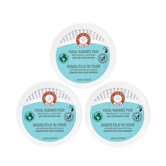 First Aid Beauty - Facial Radiance Pads with Glycolic & Lactic Acids, Daily Exfoliating Pads with AHA, Visibly Smaller Pores, Help Tone & Brighten Skin, One-Step Makeup Prep, Compostable, 28, 3ct