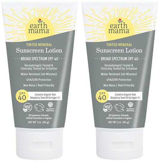 Earth Mama Tinted Mineral Sunscreen Lotion SPF 40, Contains Organic Argan and Red Raspberry Seed Oil, 3-Ounces, 2-Pack