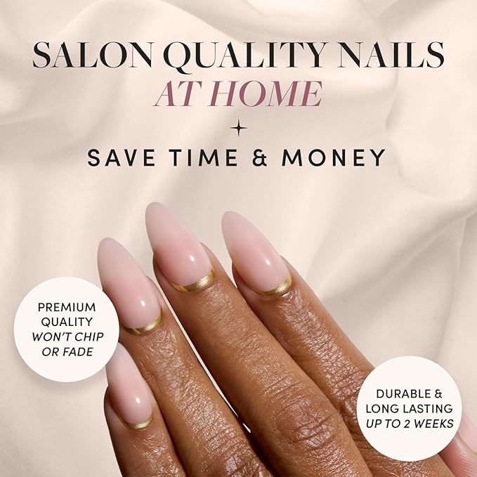 Glamnetic Press On Nails - Goal Getter | Medium Almond Fake Nails and Neutral Gold Reverse French Tip, Salon Quality | 15 Sizes - 30 Nail Kit Wtih Glue