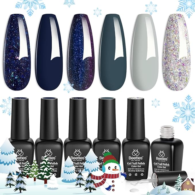 Beetles Blue Gel Polish Set - Winter Glitter Dark Navy Blue Sliver Gel Nail Polish, 6 Colors Soak off Nail Uv Lamp Manicure Gift for Women
