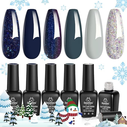 Beetles Blue Gel Polish Set - Winter Glitter Dark Navy Blue Sliver Gel Nail Polish, 6 Colors Soak off Nail Uv Lamp Manicure Gift for Women