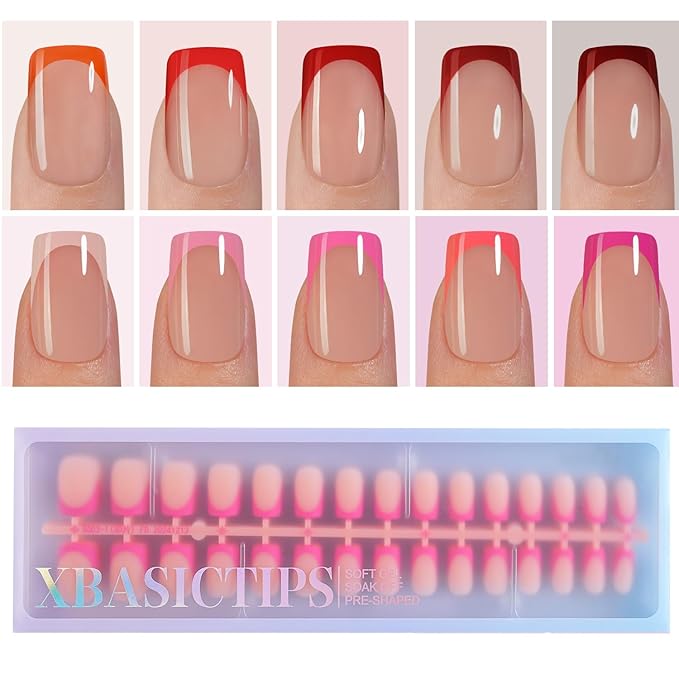 Misssix XBASICTIPS French Tip Press On Nails, 300Pcs Red French Gel Nail Tips Short Square, Soft Gel Pre-shaped No Need to File 3 in 1 Tips, Fake Nails for Nail Art DIY Extension Designs 15 Sizes
