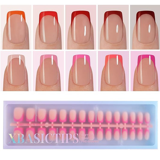Misssix XBASICTIPS French Tip Press On Nails, 300Pcs Red French Gel Nail Tips Short Square, Soft Gel Pre-shaped No Need to File 3 in 1 Tips, Fake Nails for Nail Art DIY Extension Designs 15 Sizes