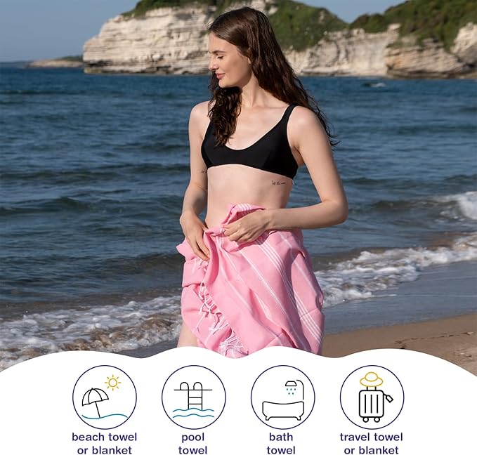Turkish Beach Towels, Bulk Case of 24 | Oversized, Quick Dry, Sand Free | 100% Cotton, Large 38x71 Towels for Beach, Pool, Travel | Ultra-Soft, Compact, Absorbent | Pink