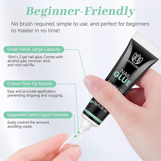 Nail Glue for Press Ons, 10s Fast-Drying No U V Light Needed - Upgrade Super Strong Semi Solid Nail Glue Last Up to 28+ Days & Easy to Remove, 10g*2 High Capacity Suitable for Fake & Acrylic Nail Tips