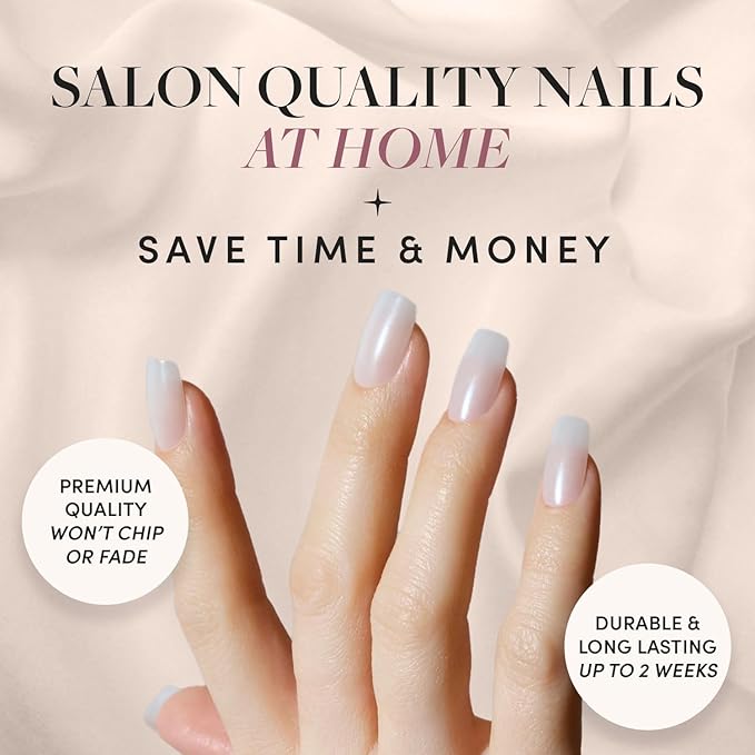 Glamnetic Press On Nails - Bailey | Medium Square Fake Nails, Sheer White Glazed, Salon Quality | 15 Sizes - 30 Nail Kit Wtih Glue