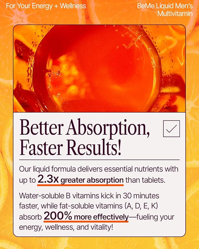 BeMe Be Vitalized Liquid Multivitamin - Daily Liquid Vitamins & Minerals, A, B-Complex, C, D, E, K, Calcium, Zinc, Magnesium, Health & Wellness Supplement Drink (30 Count (Pack of 1), Orange - Men)