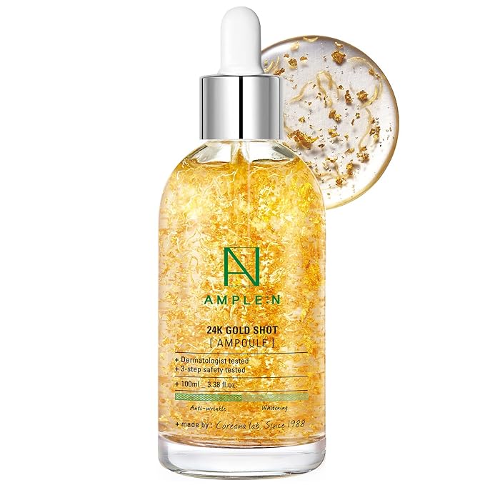 AMPLE:N 24k Gold Shot Serum - Korean 24K Gold Anti Aging Serum – Erasing Wrinkles and Fine Lines with Collagen & Peptides – Evens Skin Tone for Dull and Saggy Skin - 3.38 fl.oz.