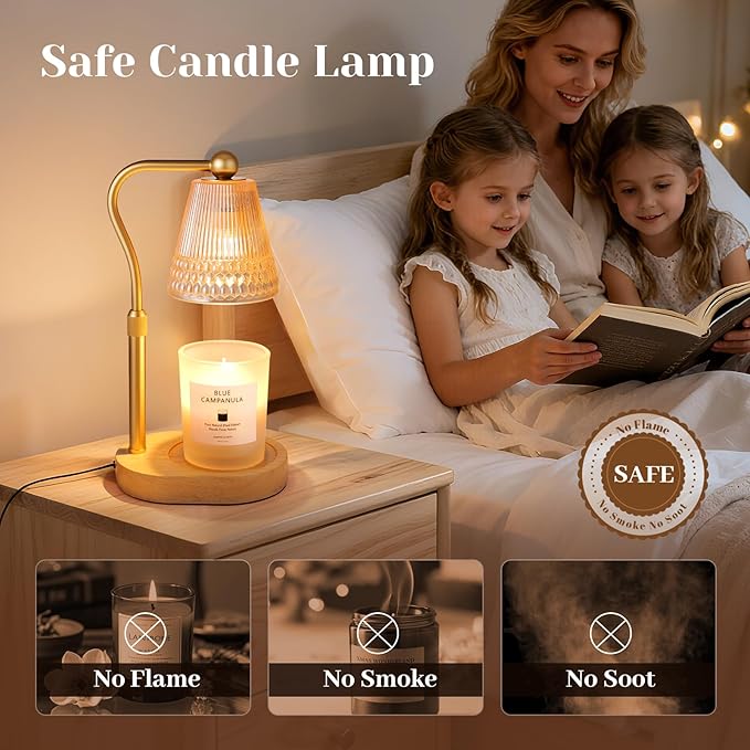 Candle Warmer Lamp Adjustable Height & Dimmable, Electric Candle Warmers for Jar Candles, Home Decor Lamp with Timer, Perfect Gifts for Women Men, Safe Night Light for Bedroom Office (Amber-wood)