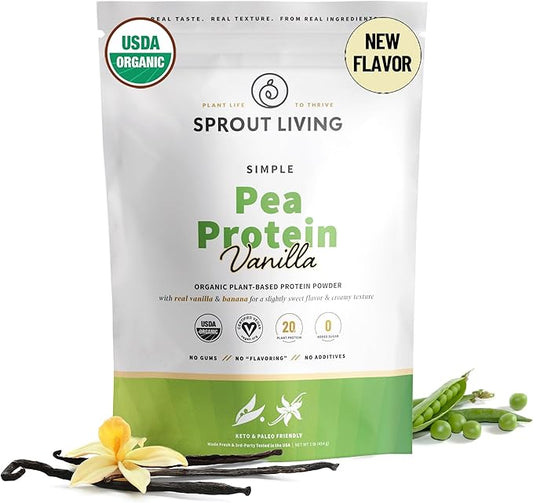 Sprout Living Organic Pea Protein Powder, Vanilla Flavor, 20 Grams of Plant Based Organic Protein Powder Without Sweeteners, Non Dairy, Non-GMO, Dairy Free, Vegan, Gluten Free (1 Pound, 15 Servings)