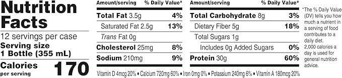 Oikos Protein Shake, Vanilla, 30g High Protein Drinks, Shelf Stable, Ready to Drink, 5g Prebiotic Fiber, 12 fl oz Bottle, 12 Count