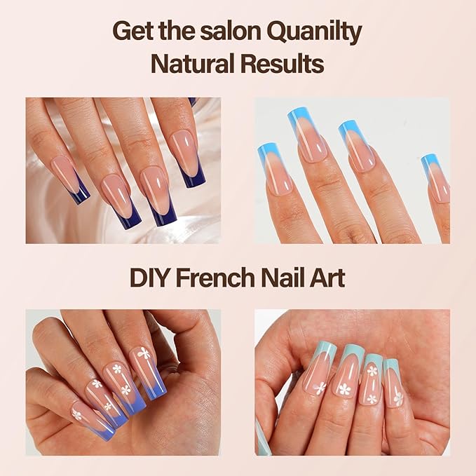 150Pcs French Gel Nail Tips, Vansiho Long Square Nail Tips, Blue Pre-French Tips Press on Nails, Soak Off Soft Gel Acrylic Fake Nails for Nail Art DIY 15 Sizes