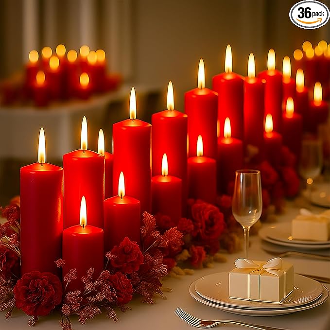 36 Pcs Red Pillar Candles Bulk Set，Hurricane Candles，3 Different Lengths (12 Each)，Dripless Unscented Smokeless，Gives You a Better Atmosphere When Organizing Wedding or Event Party.