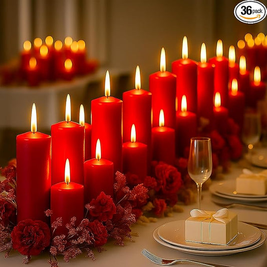 36 Pcs Red Pillar Candles Bulk Set，Hurricane Candles，3 Different Lengths (12 Each)，Dripless Unscented Smokeless，Gives You a Better Atmosphere When Organizing Wedding or Event Party.