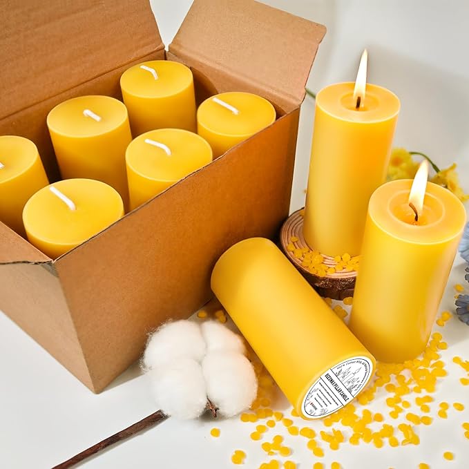 6 Pack Natural Beeswax Pillar Candles, 210 Hours Long Burning, 100% Pure Bees Wax Candles, Organic Emergency Beeswax Candles Bulk for Home Room Prayer Parties Relax, Smokeless & Dripless 2x4in