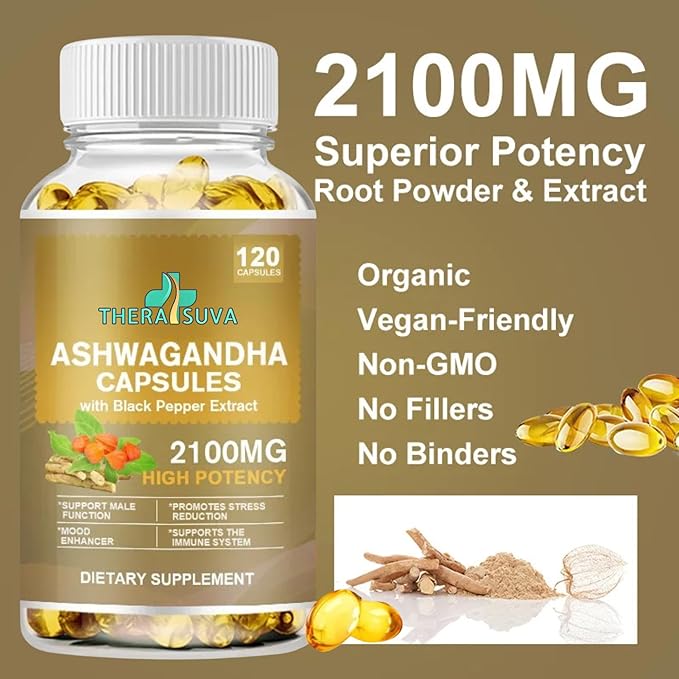 Superior Potency Ashwagandha 2100mg + Black Pepper Extract 8mg Supplement for Stress Relief & Immune Support, 120 Softgel Capsules, 60-Day Supply
