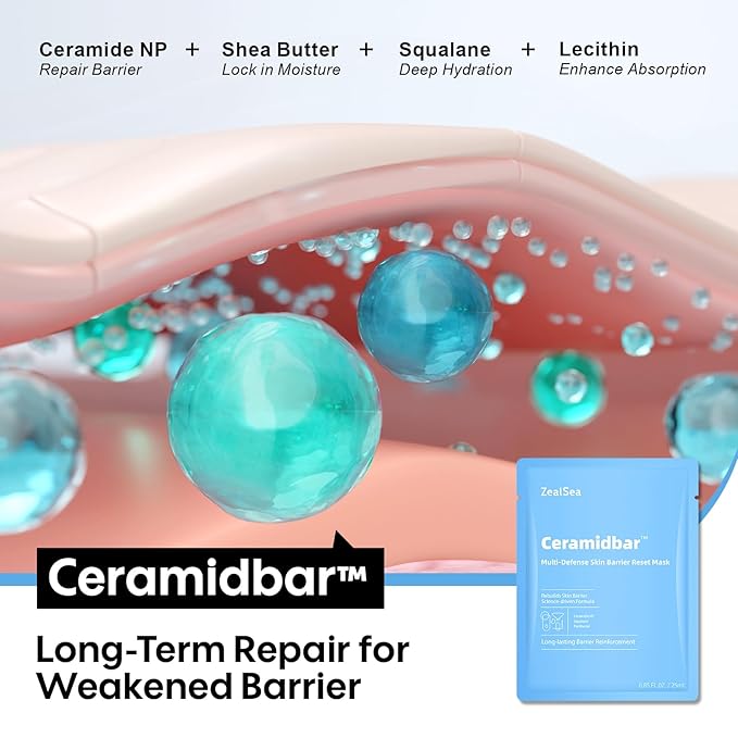 Ceramidbar Face Masks Skincare Set, ZealSea Derm Solution Sheet Mask for Multi-Trigger Sensitivity, Soothing & Calming, Strengthen & Restore Skin, Facial Mask with Cica & Ceramide, 10 Pack