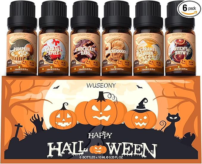 Halloween Fragrance Oils Set, Essential Oils for Diffusers Home, Scented Oils for Candle Soap Making - Pumpkin Pie, Caramel Apple, Chocolate Bars, Snickerdoodle, Caramel Corn, Witch's Brew