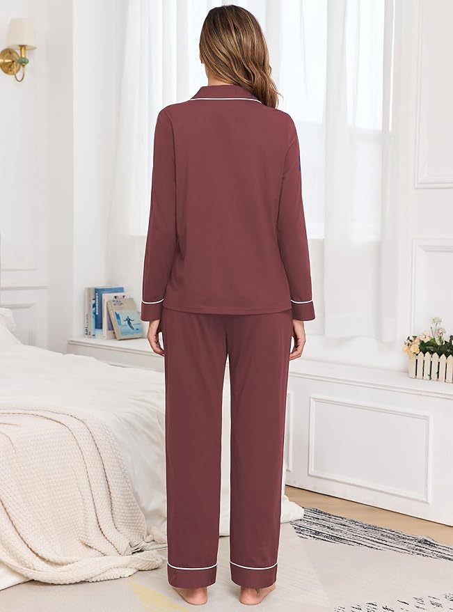 Veseacky 100% Cotton Pajamas for Women Set Long Sleeve Button Down Sleepwear Soft Pjs Lounge Sets with Pockets S-XXL