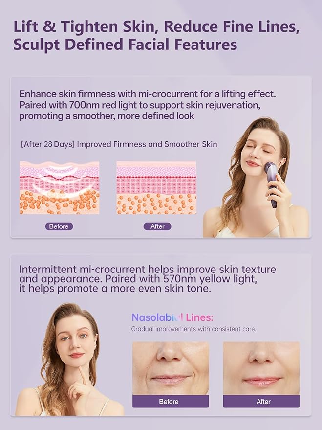 6-in-1 Age-Defying - Eye, Face & Neck Lift & Firm, 5-Color Light Therapy for Face with Microcurrent, Vibration, Heat & Cooling, Skin Care Tool for Youthful & Tightening Skin,Purple