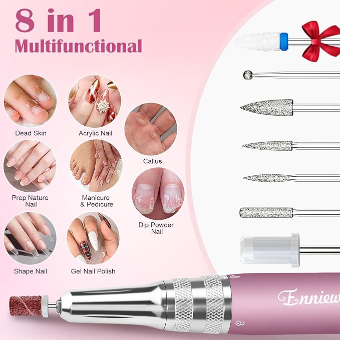 Nail Drill Kit Professional 35000RPM, Cordless Electric Nail File Drills Machine Uñas, Portable Rechargeable Efile 7 Bit Manicure Pedicure for Acrylic Nails Gel Remover Salon Home Tools, Pink