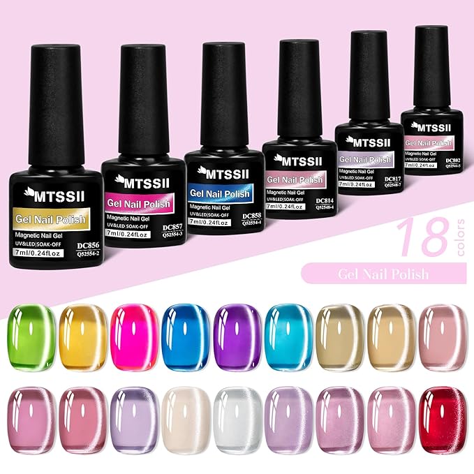 MTSSII Jelly Cat Eye Gel Nail Polish Set 18PCS, Neon Moonlight Glass Crystal Magnetic Gel Polish Pink Purple Red Blue Yellow Colors Nail Polish with Magnet Soak Off UV Art Gift for Women Girls