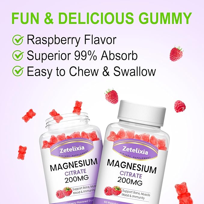 2 Pack Magnesium Citrate Gummies, High Absorption Magnesium Gummies for Adults, Muscle & Teeth Support, Vegan Natural Raspberry Flavor 120 Cts