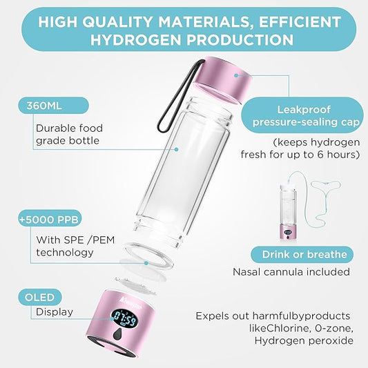 Hydrogen Water Bottle - Portable, Rechargeable, LED Timer,3 Work Mode, Aluminum and Glass,360ML,Hydrogen Water Ionizer Machine with PEM/SPE Technology, Suitable for Office,Home,Gym Outdoor