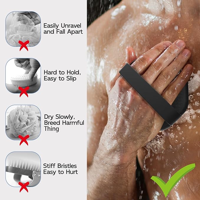 3 PCS Silicone Bath Brush Set,Back Scrubber & Body Brush & Face Brush Set, Super-Exfoliating & Lathering Body Scrubber, Shower Brush, Face Scrubber Combination for HomeBathroom Hotel Travel.(Black)