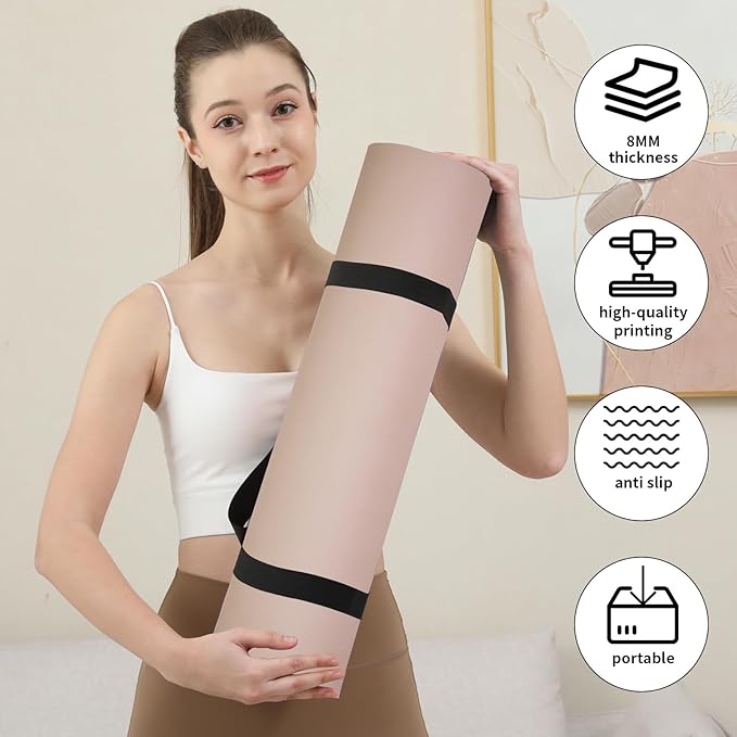 HAHE Yoga Mat Thick (8MM,1/3"), Eco-Friendly POE Non Slip Yoga Mat, High Rebound & Shock Absorption, Anti-Tear & Sweat-Resistant for Yoga, Fitness, Home, Workouts, Large Pilates Mats 72"x24" with Carrying Strap