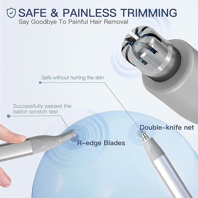 Nose Hair Trimmer for Men & Women, 2in1 Rechargeable Ear and Nose Hair Trimmer, Waterproof Electric Eyebrow Trimmer & Facial Hair Remover Grooming Kit Silver