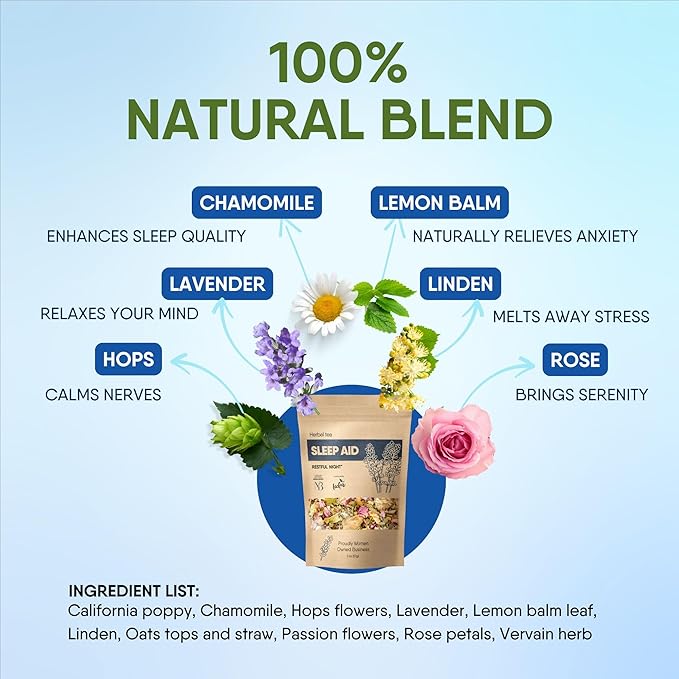 Sleep Aid Herbal Tea – Organic Calming Blend with Lemon Balm, Lavender, Linden, Chamomile, California Poppy, Passionflower, and Verbena – Supports Deep Sleep, Stress Relief and Relaxation
