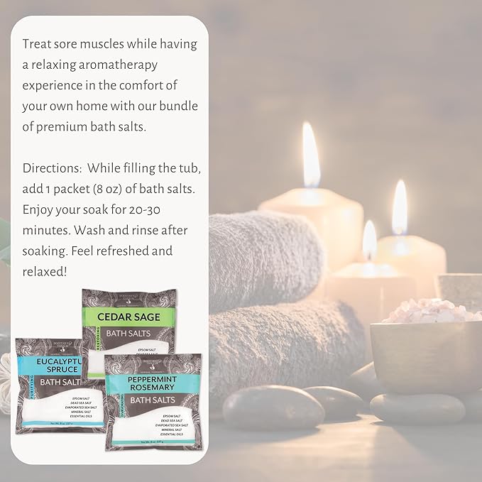 3-Pack Aromatherapy Bath Salts Gift Set. Variety Pack of Soothing Touch Bath Salts: Eucalyptus Spruce, Cedar Sage, Peppermint Rosemary (8 oz each) Bundle Includes Cotton Pouch & Loofah Exfoliating Pad