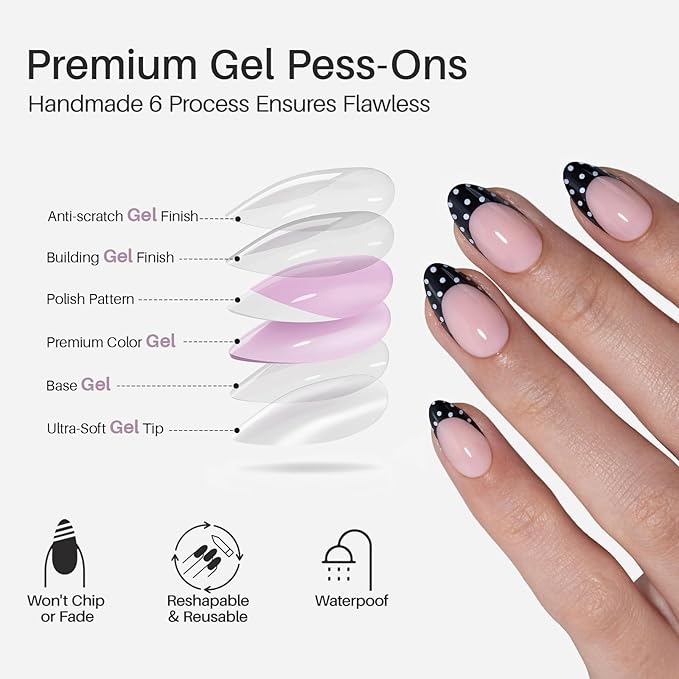 Black French Tip Press on Nails Short - Polka Dots, Soft Gel Almond Press on Nails for Women, Seamless Fit Glue on Nails in 16 Sizes - 32 Reusable Fake Nails Kit with Glue