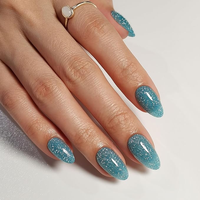 Glitter Peacock Blue Press on Nails Almond Short with Sparkling Diamond - Soft Gel Fake Nails for Women Gift, Glossy Stick On Nails with Glue in 16 Sizes - 32 Reusable Nails, Peacock Blue