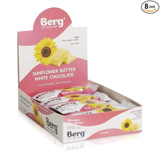 Berg Oat N' Energy Bar | Sunflower Butter White Chocolate | Plant Based Protein Bar | Non-GMO, Gluten Free, Nut Free and Vegan | Low Sugar, Healthy Snack Bar | High Fiber | On The Go | 2.5oz (8 Packs)