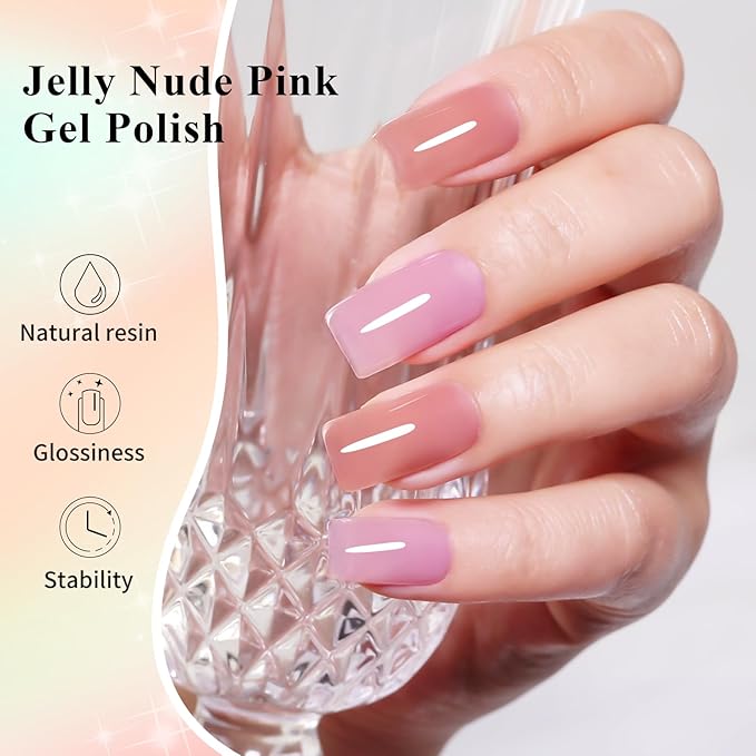 10ml Hema Free Gel Nail Polish Set, 6 Colors Transparent Jelly Gel Polish Kit Sheer Pink Nude Pink Coral Gift for Women at Home DIY and Salon