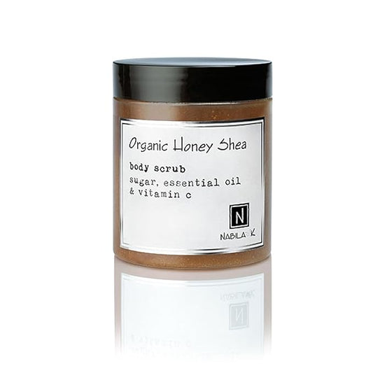 Organic Honey Shea Body Scrub Made in USA with Essential Oil and Vitamin C by Nabila K - Exfoliate and Moisturize for Smooth Skin - Luxury for Women & Men, 3 oz