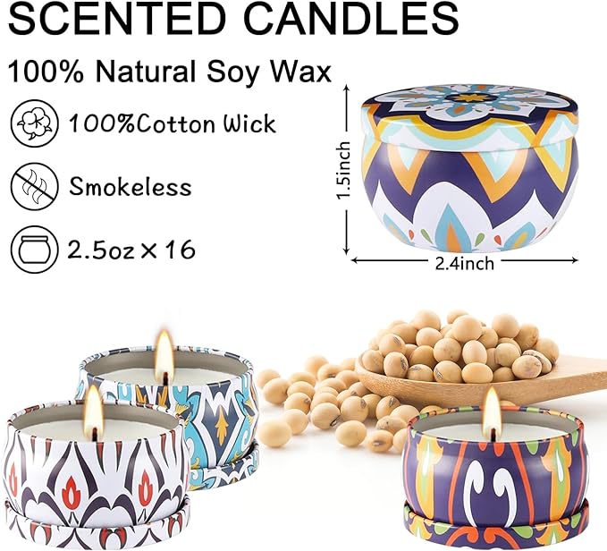 16 Pack Small Scented Candles Set-2.5 oz Aromatherapy Candle 100% Natural Soy Wax-Portable Travel Tin Candle for Woman Home Décor Birthdays Meditation