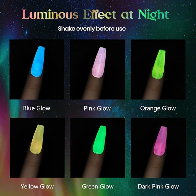 MIZHSE Glow in The Dark Gel Nail Polish, Macaroon Cat Eye Gel Polish Set with Magnet Stick, Shimmery Neon Green Blue Yellow Nail Soak Off Nail Art Spring Summer Manicure Kit Gift