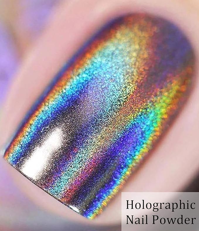 Gold Chrome Nail Powder - Sparkly Laser Holographic Nail Powder Metallic Mirror Effect Silver Nail Chrome POwder, White Pearl Pigment Holo Iridescent Glitter Dust Kit, Nail Art Decoration