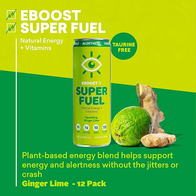 EBOOST Super Fuel Healthy Energy Drink - Caffeine from Natural & Clean Ingredients For Focus and Productivity -Taurine Free Pre-Workout With Electrolytes, Nootropic & Vitamins - Ginger Lime, 12 Pack