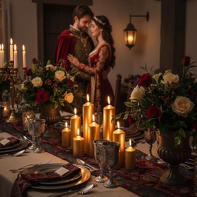 18 Pcs Gold Pillar Candles Bulk Set，Hurricane Candles，3 Different Lengths (6 Each)，Dripless Unscented Smokeless，Suitable for Decorating Christmas, Weddings, and Other Events！