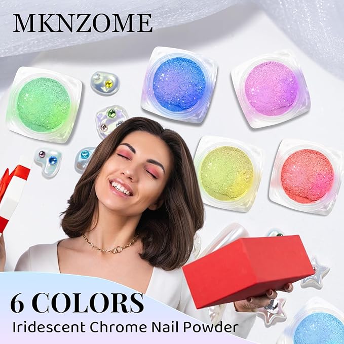 Chrome Nail Powder, 6 Colors Aurora Chrome Powder for Nails Pigment Iridescent Nail Powder Clear Nail Charms for Gel Polish Nail Art Decoration, Resin Craft, Nail Design, Nail Art Tools