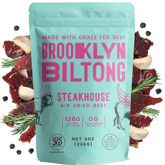 Brooklyn Biltong Air Dried Grass Fed Beef Snack, South African Beef Jerky (8 oz, Pack of 1) - Whole30 Approved, Paleo, Keto, Gluten Free, Sugar Free, Made in USA - (Steakhouse)
