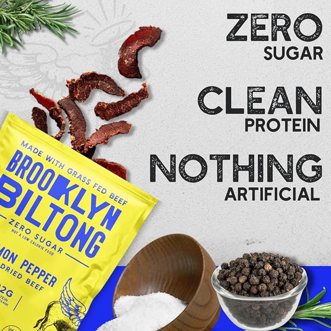 Brooklyn Biltong - Air Dried Grass Fed Beef Snack, South African Beef Jerky - Whole30 Approved, Paleo, Keto, Gluten Free, Sugar Free, Made in USA - 8 oz. Bag (Lemon Pepper)