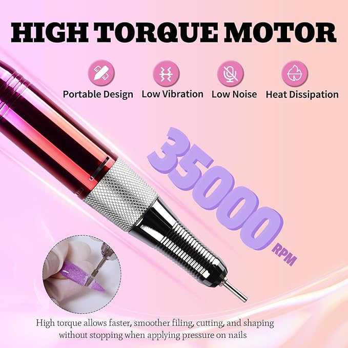 Electric Nail Drill Machine 35000RPM Professional Portable Nail File Cordless Rechargeable Nail Efile for Acrylic Gel Nails Manicure Pedicure Polishing Shape Tools for Salon Home Use (Snowflake Pink)