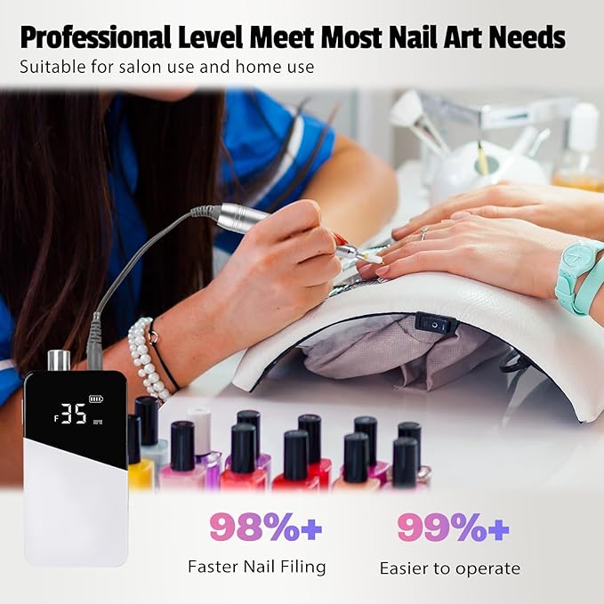 Electric Nail Drill Machine 35000RPM Professional Portable Nail File Cordless Rechargeable Nail Efile for Acrylic Gel Nails Manicure Pedicure Polishing Shape Tools for Salon (White)