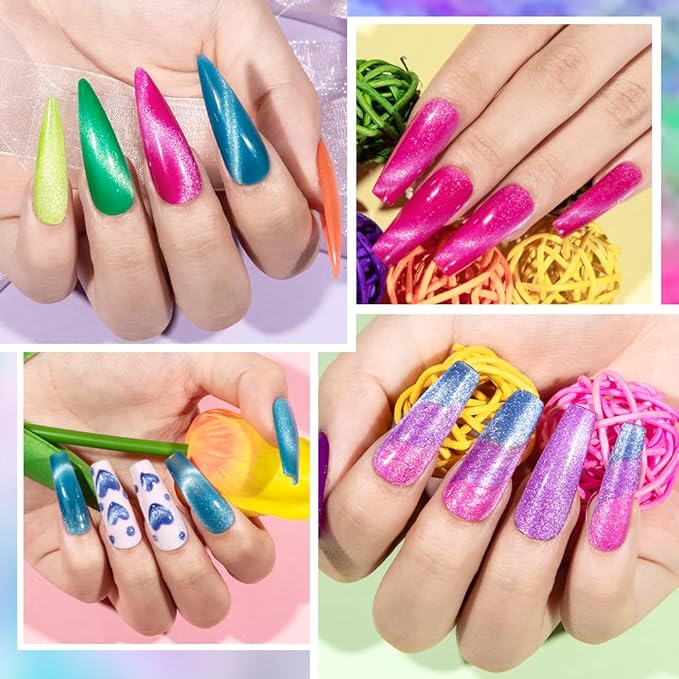 Neon Cat Eye Gel Polish Set Bright Yellow Green Pink Cateye Nail Polish Gel Magnetic Gel Polish Varnish Soak Off Lamp Gel for Nail Salon or DIY at Home 8 Colors 7ML(0.24FL OZ)
